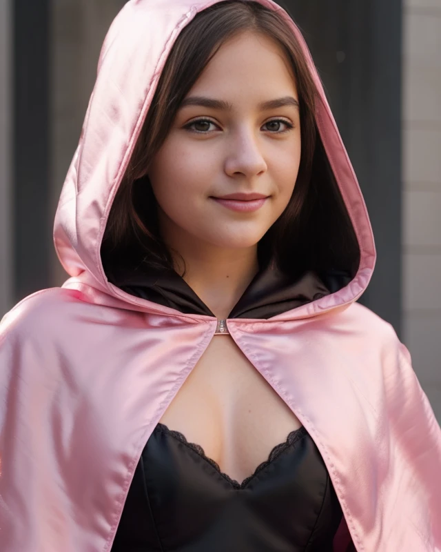a gorgeous -old girl, pink satin cape, hood, dreamy smirk, extremely detailed, 4k, perfect face
