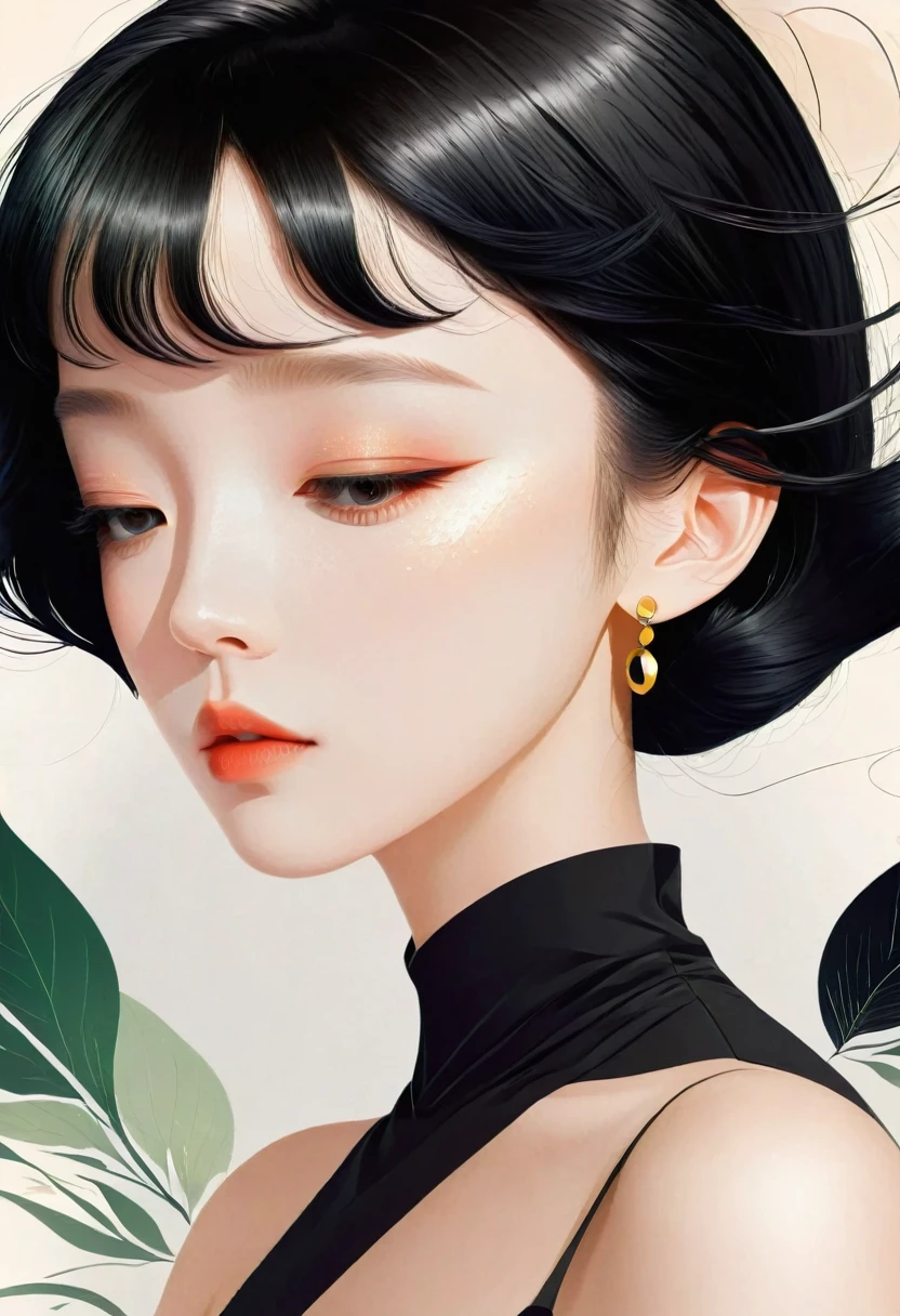 vector，Flat style，illustration，minimalist，数字艺术illustration，1 girl，unique，black hair，beautiful face，portrait，shoulder，beautiful hands，~was，artistic concept，abstract