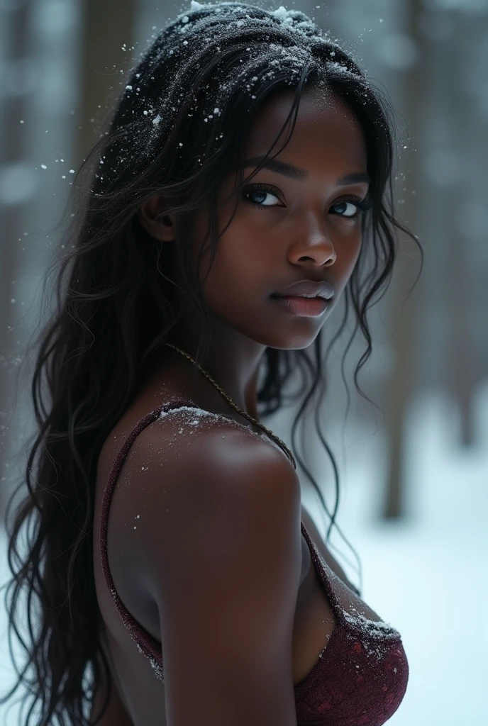 1 girl, dark skinned, black eyes, (naked), forest background, snowy, photography, arab, masterpiece, best quality, upper body, highly detailed