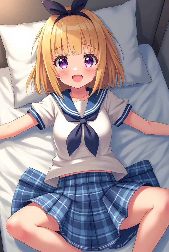 Best quality, masterpiece, (2 beautiful woman)), ((18yo-girl)), ((spread legs)), innocent smile blushed face, ((bright blonde bob cut,blunt bangs)),hair ribbon, open mouth, purple shining eyes, ((heart shaped pupils)) , bare clothes and show breast, pointy breast ((all girls must bare clothes , perfect bare teats completely:1.4)), no bra, no panties (all girls must lift blue plaid pattern skirt :1.4), short sleeve sailor shirt, blue plaid pattern skirt , ((wet splashing body)) ,((lying bed)),