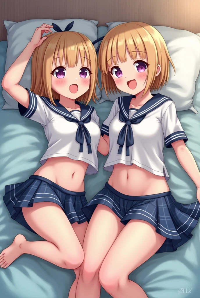 Best quality, masterpiece, (2 beautiful woman)), ((18yo-girl)), ((spread legs)), innocent smile blushed face, ((bright blonde bob cut,blunt bangs)),hair ribbon, open mouth, purple shining eyes, ((heart shaped pupils)) , bare clothes and show breast, pointy breast ((all girls must bare clothes , perfect bare teats completely:1.4)), no bra, no panties (all girls must lift blue plaid pattern skirt :1.4), short sleeve sailor shirt, blue plaid pattern skirt , ((wet splashing body)) ,((lying bed)),