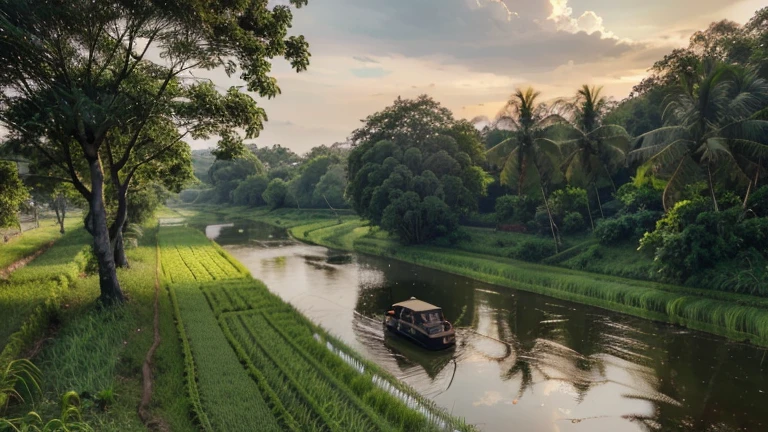 a beautiful lush green rice paddy field with a serene river flowing beside it, a deserted road running alongside, with rows of indonesian red and white flag poles lining the road, a peaceful independence day celebration scene, (best quality,4k,8k,highres,masterpiece:1.2),ultra-detailed,(realistic,photorealistic,photo-realistic:1.37),vibrant colors,natural sunlight,dramatic shadows,intricate details,serene landscape,idyllic rural scene,indonesia,independence day