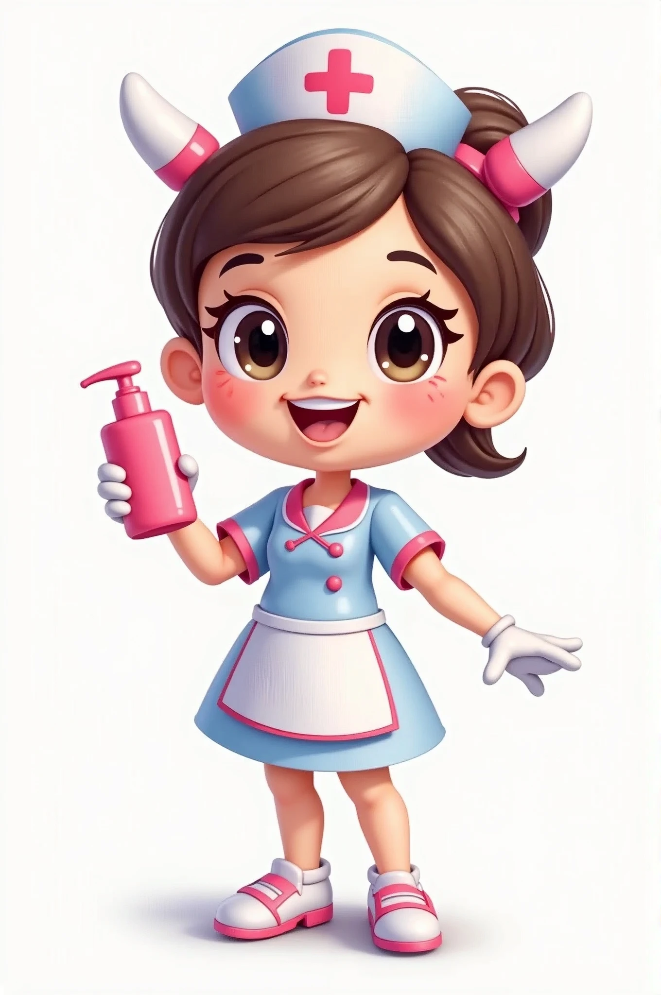 Mascot Design Details:
1. Head: The head should have a cute cartoon-like appearance with a round face. Large, bright eyes and a friendly expression are key. Incorporate hand elements, such as nurse gloves used as ears or as part of the head, to symbolize hand hygiene.
2. Body: The mascot wears a female nurse uniform in pastel colors like light blue or white, with soft pink accents on the skirt, sleeve cuffs, and hat. The nurse hat has a red cross symbol on it.
3. Hands: One hand of the mascot is holding a hand sanitizer bottle. The bottle should be brightly colored, possibly with a pink or blue label, matching the overall color theme of the mascot.
4. Color Scheme: Use pastel colors such as pink, blue, and white to create a bright, cute, and friendly appearance that appeals to all ages.