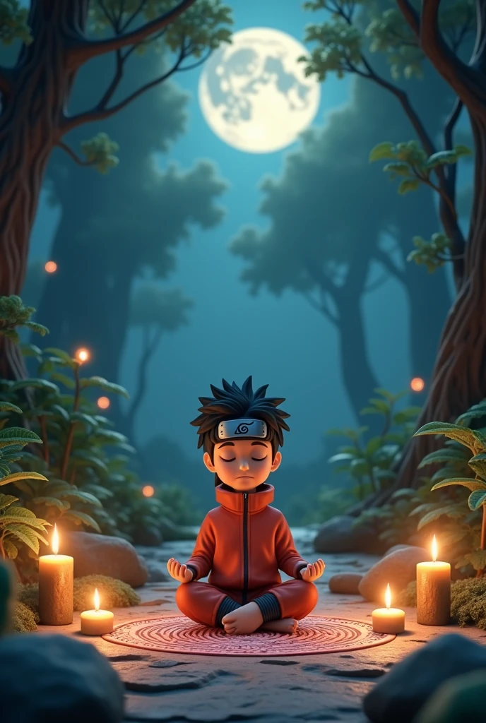 Cute  naruto character meditating, with mandalas, in a mystical forest at night with the moon and candles. 3D image