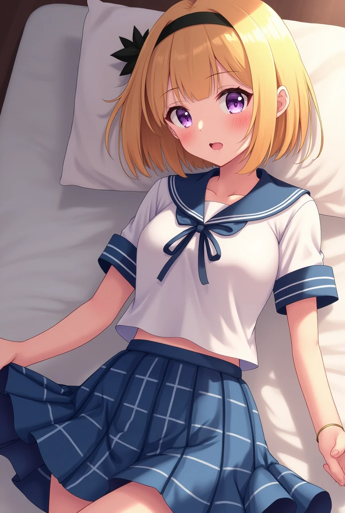 Best quality, masterpiece, (2 beautiful woman)), ((18yo-girl)), ((spread legs)), innocent smile blushed face, ((bright blonde bob cut,blunt bangs)),hair ribbon, open mouth, purple shining eyes, ((heart shaped pupils)) , bare clothes and show breast, pointy breast ((all girls must bare clothes , perfect bare teats completely:1.4)), no bra, no panties (all girls must lift blue plaid pattern skirt :1.4), short sleeve sailor shirt, blue plaid pattern skirt , ((wet splashing body)) ,((lying bed)),