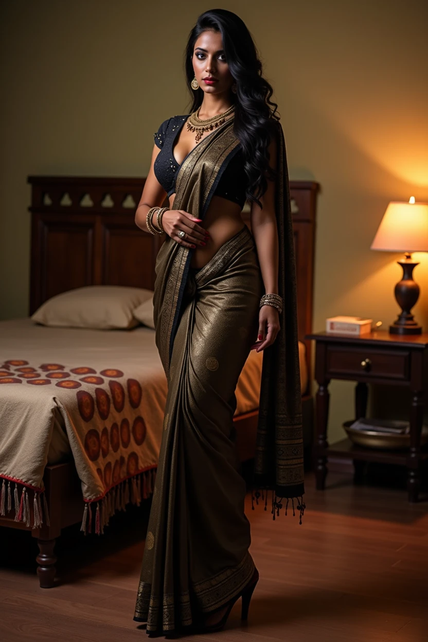 a sexy tamil aunty in room, dark skin, horny looking, savant aunty, half saree , big ass, black lipstick, high heels, ,