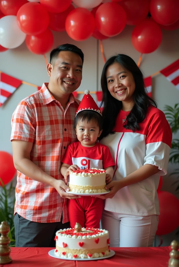 Photo of a happy family celebrating their child's 9th birthday with the theme of Indonesian independence. The family consists of a father, mother, and small child standing in front of a decorated backdrop. The child, wearing red and white clothes (symbolizing the Indonesian flag), is surrounded by balloons, banners and small Indonesian flags. Behind them is a friendly clown in red and white who is entertaining the child while holding a cake that says 'Happy Birthday'. The parents smile while standing next to the child, and the whole scene is filled with a festive patriotic atmosphere."