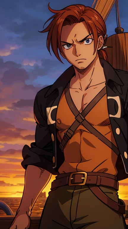 (1man, Jim Hawkins), (extremely detailed CG unit 8k wallpaper),(master part), (best quality), (ultra detail), (best illustration),(One Piece Style), cowboy shot, (Sharp eyeliner, ombre, detailed eyes:1), ship's deck background, break , upper body, 