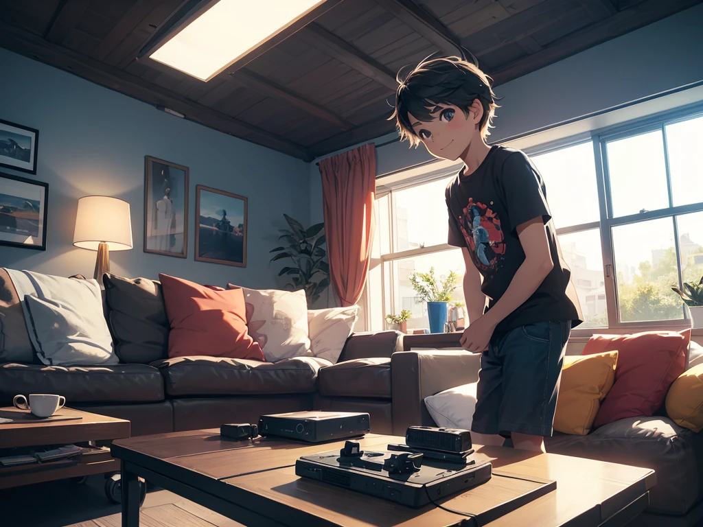 "Create an illustration of a young boy with an excited expression, Keep the PlayStation console and a MacBook on the coffee table beside the PlayStation, while in the background, through a large window, depict a shiny, modern car parked outside. The setting should be a cozy living room with warm lighting,