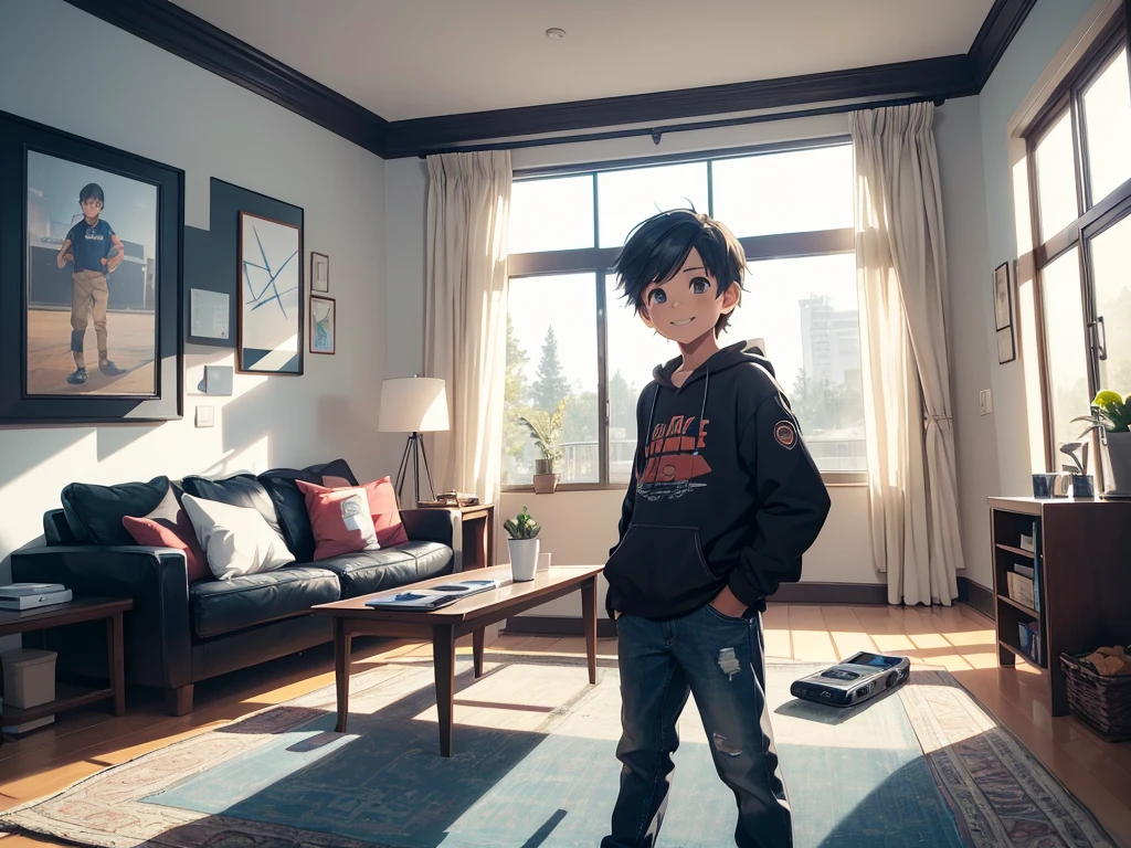 "Create an illustration of a young boy with an excited expression, Keep the PlayStation console and a MacBook on the coffee table beside the PlayStation, while in the background, through a large window, depict a shiny, modern car parked outside. The setting should be a cozy living room with warm lighting,