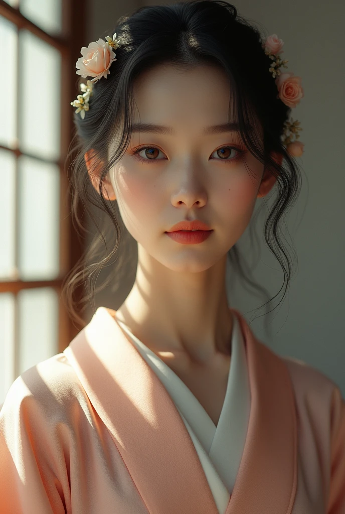 An elegantly dressed Japanese woman in natural light、A close-up of her chest and calm expression.、It shows her inner peace and outer charm.。