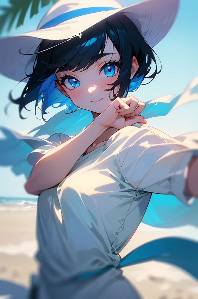 (masterpiece, Highest quality, 8k, 4K, Detailed details, , beautiful, One girl), Black Hair、Bob Hair, Bright Blue Eyes, Wearing white summer clothes, Background beach, smile, Beautiful Eyes, Beautiful Face, Perfect body, Perfect hands, Two shots with Chihuahua