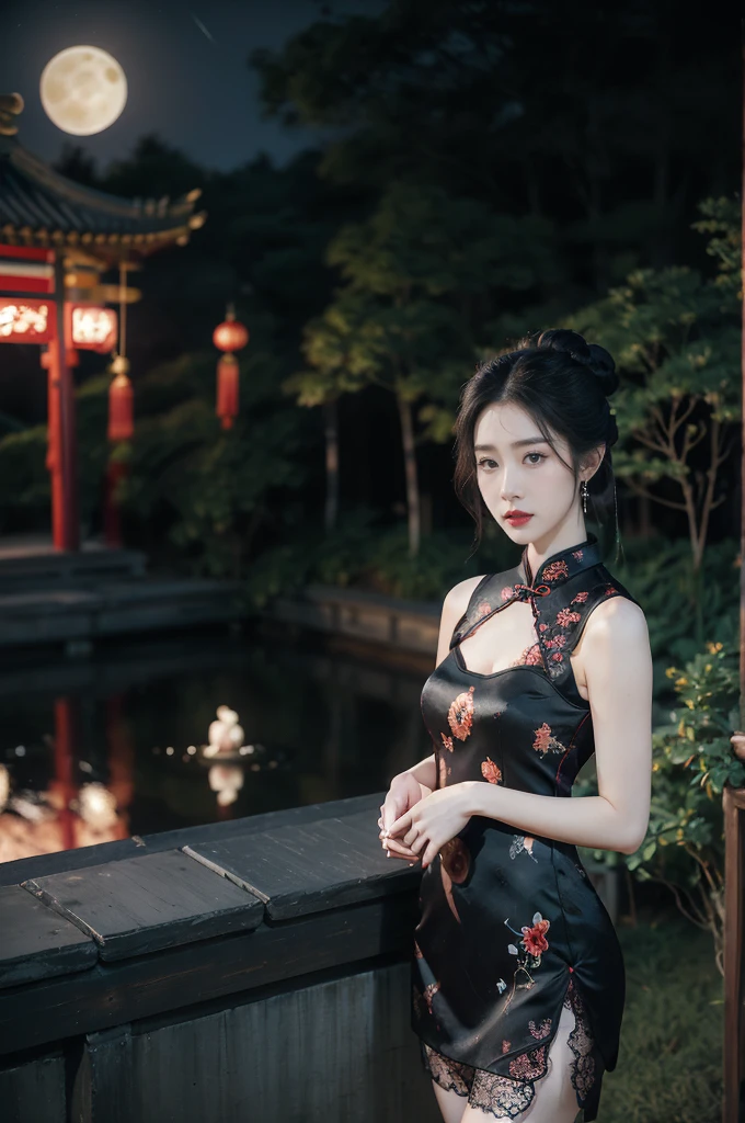 (((best quality))),(((ultra detailed))),(((masterpiece))),illustration,((1 beautiful girl,solo)),(bun hair:1.2),(Ghostly makeup:1.3),(fair skin:1.5),(red lips:1.2),(earrings:1.2),((slim,thin)),((small breasts,flat chest,cleavage)),(black floral embroidered lace sleeveless cheongsam:1.5),(thigh loop:1.3),(slender legs:1.2),(stockings:1.3),(standing:1.3),(A huge moon in the sky:1.3),(moonlit Chinese garden courtyard:1.3),(Ghost Festival:1.3),(Ghostly flames are drifting in the air:1.3),elegant and sophisticated,intricate patterns,curves,dark color,striking visual appeal,ethereal,enchanting,ghostly black blossoms,swaying branches,stone pathways,moss,eerie shadows,ancient pavilion,intricate wooden structure,mystery and intrigue,cicadas chirping,auditory symphony,embodiment of the festival's spirit,bathed in the moon's glow,delicate features,raven-black hair,waterfall of darkness,moon's luminance,captivating allure,sleek fabric,clung to frame,accentuating curves,highlighting beauty,striking appearance,ethereal beauty,hauntingly beautiful scene,captured essence,blend of beauty and mystery,(night scene:1.3),((from front,upper body))