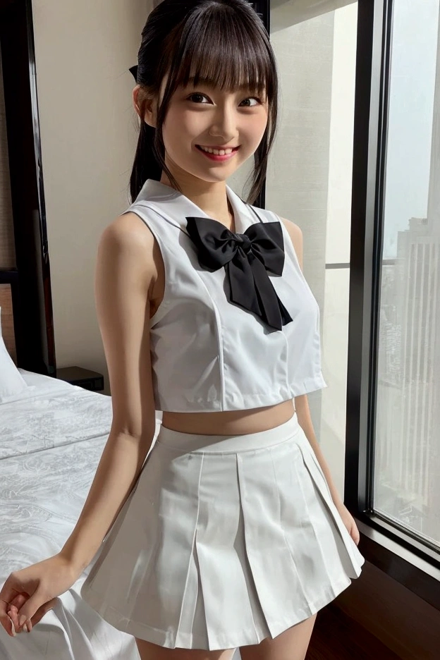 Gravure idol pose Adorable smile Hotel bed uniform White clothes high resolution Not too small bust Black Mini Skirt Skirts should be shortened Beautiful legs Beautiful Hair Height: 155cm