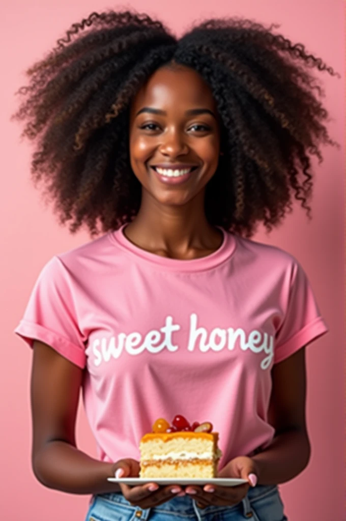 a black woman , dark skin curly hair with cake in hand standing, with a pink shirt that says sweet honey 