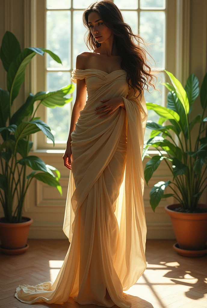 (photorealism:1.2), beautiful girl, standing in room, view head to legs, wearing silk saree off-shoulder top, long hair, indoors, soft lighting, plants in background, window with sunlight, cozy room, energetic pose, realistic, intricate details, cold colors, by Greg Rutkowski, by Alphonse Mucha