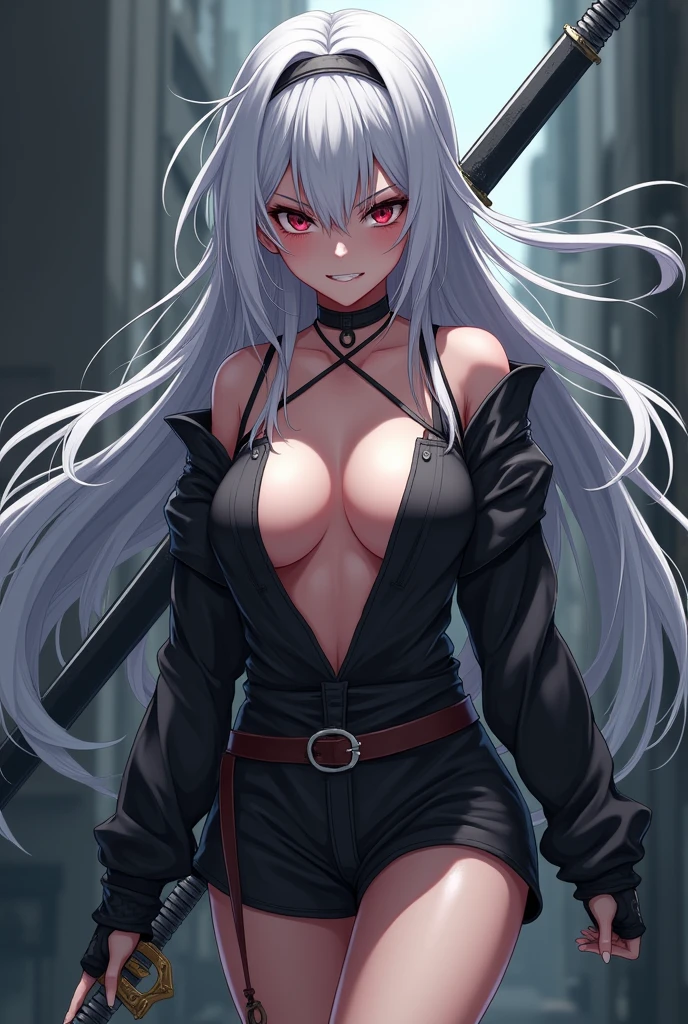 Anime girl wearing a sleeveless shirt the middle of her chest is visible and she is wearing gloves and she is wearing a short skirt, he works as an assassin and he is holding a sword, her face is angry with a smile and she is . He's not wearing a jacket. She is white skinned, long hair and she is very beautiful. His face looked angry while smiling widely