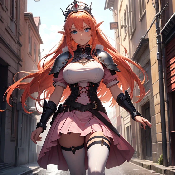 (absurdres, masterpiece, best quality, detailed, solo full body design, fantasy, high resolution, HD),
{{20 years old orange-red haired Elf Girl knight: (reddish-orange hair tied in left tail with two white flowers, beautiful light-blue eyes, serious and imponent, closed mouth, lightblue flower at side of hair, beautiful feminine body, huge breasts),(Clothes: pink combat uniform, white gloves, pink skirt, pink pantyhose, pink shoulder plates, pink long boots, pink steel knee plates, pink steel elbow plates, silver tiara up her head around the hair),(holding with her left hand a long steel silver spear),(Background: viking styled city street, sunny morning, stone viking houses around the streets)}}