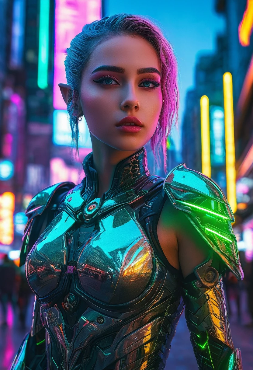 cyberpunk elf,Very detailed, 1 girl, beautiful detailed eyes, beautiful detailed lips, Extremely detailed face and features, intricate cyberpunk armor, bright neon lights, advanced technology, Futuristic cityscape, dramatic lighting, cinematographic composition, vibrant colors, neon, bright, hyperdetailed, photorealistic, full body shot