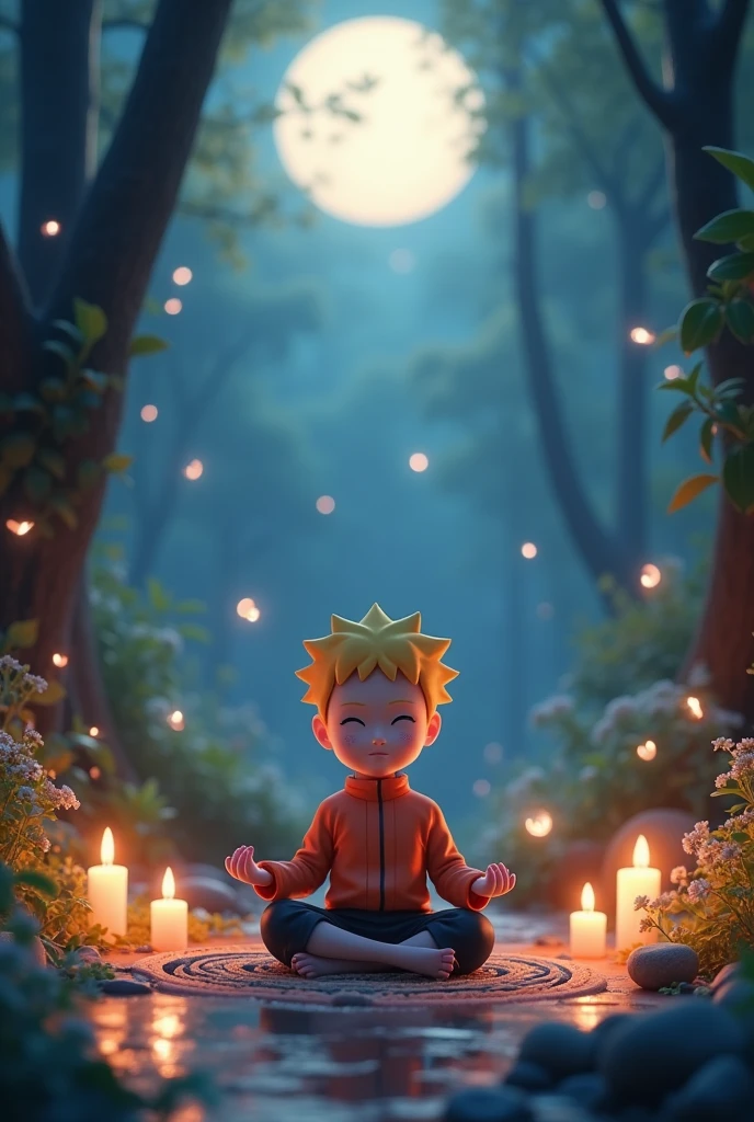 Cute baby naruto character meditating, with mandalas, in a mystical forest at night with the moon and candles. 3D image