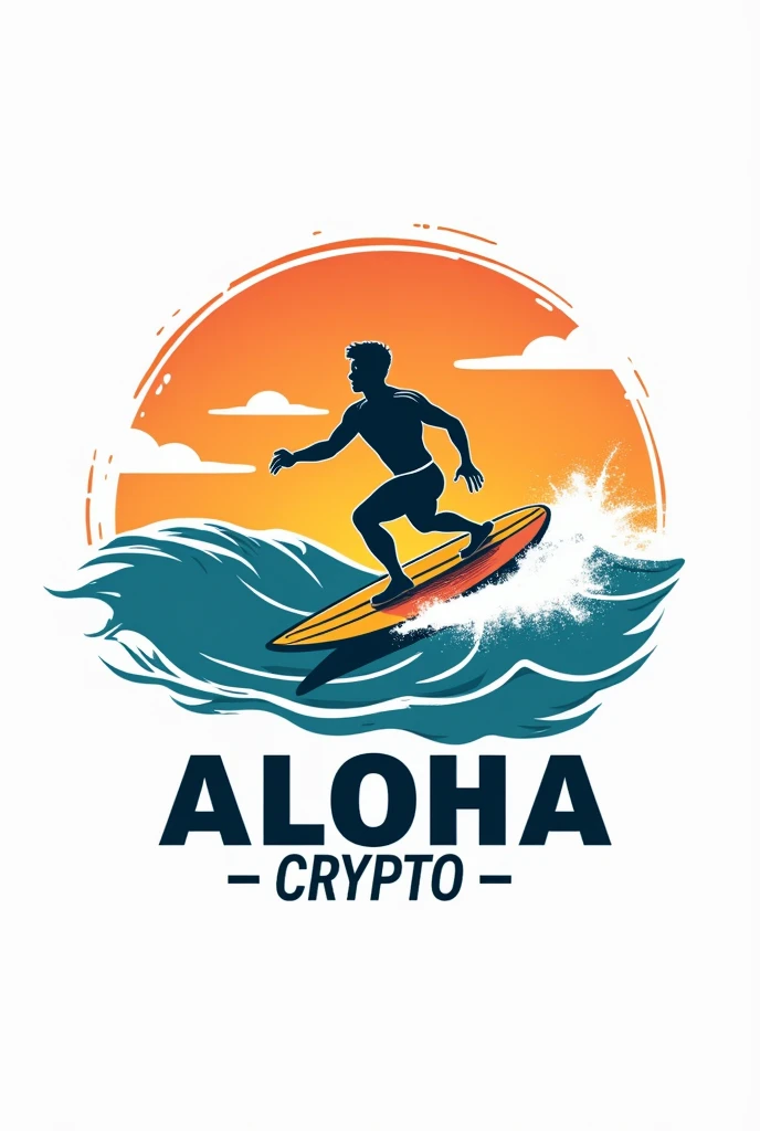 Draw me a logo for my crypto crypto team, it should say ALOHA CRYPTO, there should be a surfer depicted, Logo on white background, logo colorful