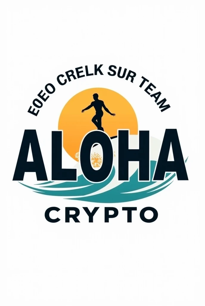 Draw me a logo for my crypto crypto team, it should say ALOHA CRYPTO, there should be a surfer depicted, Logo on white background, logo colorful