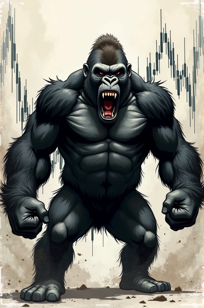 angry gorilla sketch with forex candlestick on background