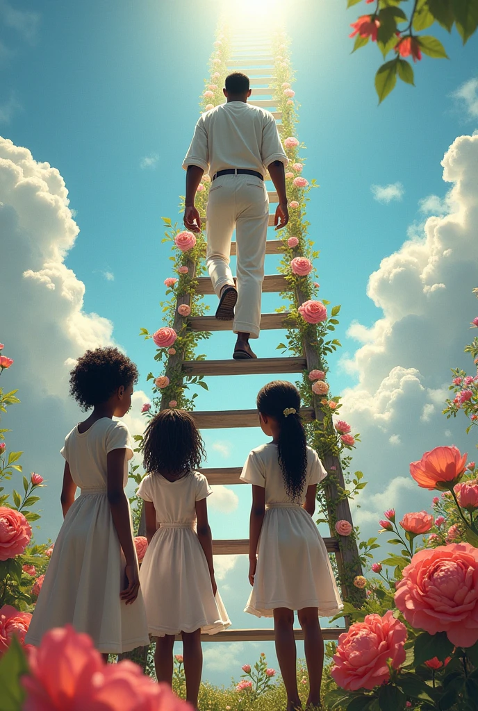 Creating a black man in white clothes with his back to the sky climbing a flowery ladder and his 3 daughters looking down from the ground
