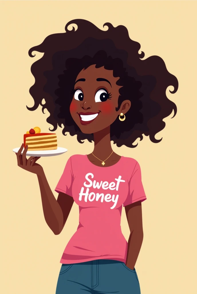 a black woman , dark skin curly hair with cake in hand standing, with a pink shirt saying sweet honey from Disney Pixar 