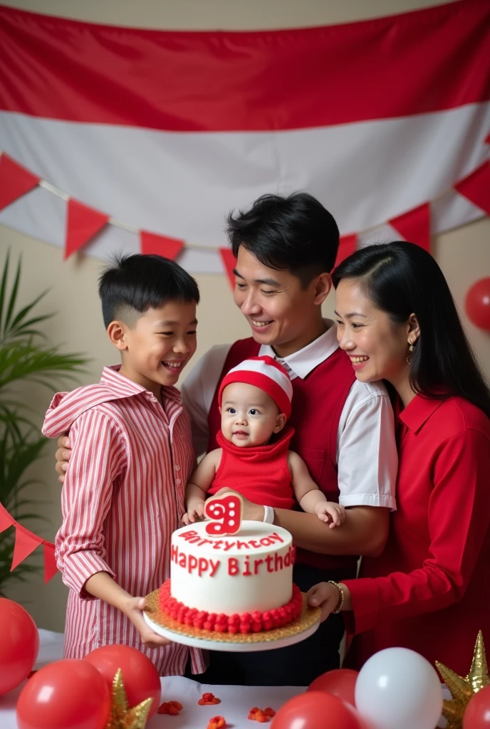 Photo of a happy family celebrating their 's 9th birthday with the theme of Indonesian independence. The family consists of a father, mother, and smallding in front of a decorated backdrop. The child, wearing red and white clothes (symbolizing the Indonesian flag), is surrounded by balloons, banners and small Indonesian flags. Behind them is a friendly clown in red and white who is entertaining the child while holding a cake that says 'Happy Birthday'. The parents smile while standing next to the child, and the whole scene is filled with a festive patriotic atmosphere."