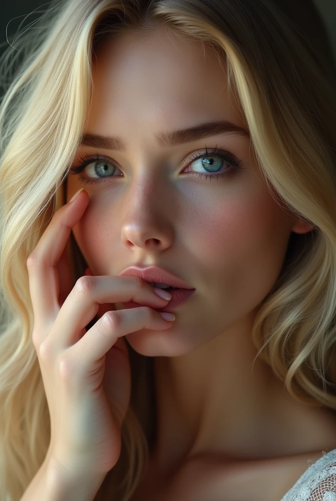 (photorealism:1.2)
an alluring and beautiful blonde hair woman, touching your face.