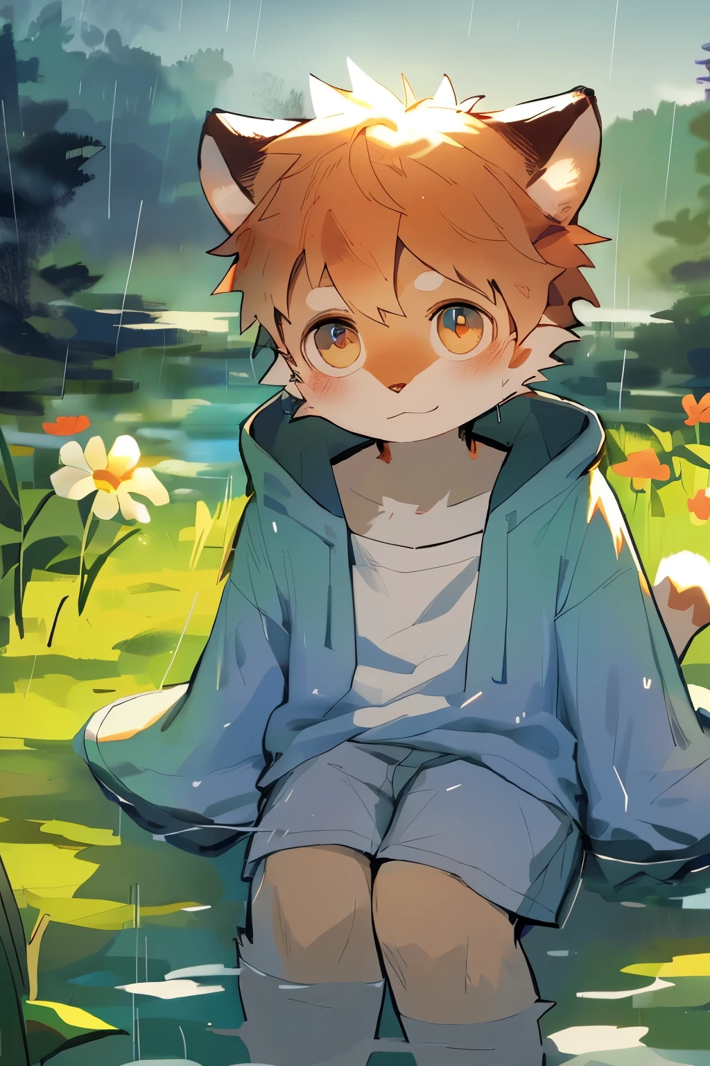 Masterpiece, Best quality, Perfect anatomy, Watery eyes, author：Milk Tiger 1145, author：K0bit0wani, Furry, coyote, (Phyllis:0.3), muscular male, solo, wears, baggy clothes, wet fur, (Translucent raincoat:1.1), (holding flower:1.1), Lying, bird's eyes view, grass, rain, water, Rained，((Boy，shota))，boy，Pino Deheny, Carney announced, milkytiger1145, boy, Yes，