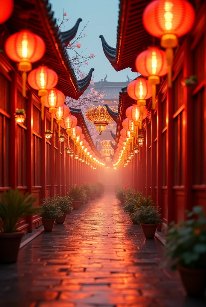 Spring Festival Street,Wide viewing angle,Unobscured,lantern,Mainly red and gold,There are traditional Chinese buildings on both sides,Brilliant light and shadow,downtown