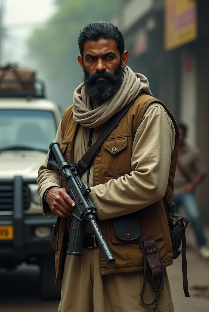 (photorealism:1.2), bihari mans standing with a gun in there hands , left side fortuner , 