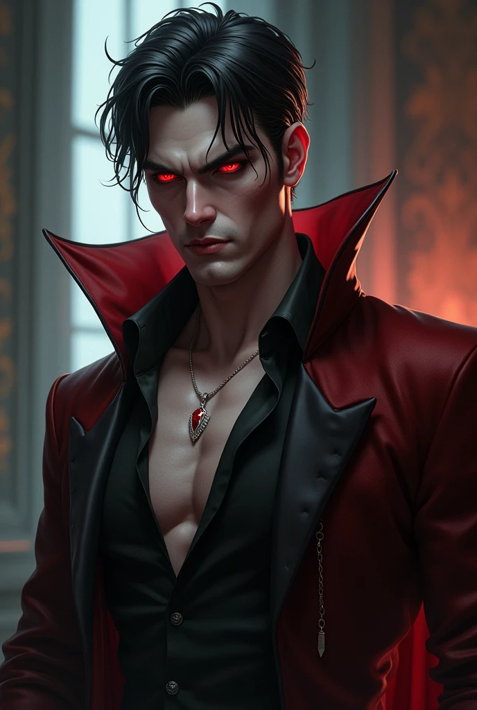 Man.
30 years old
Is tall.
Has dark hair.
Has an extremely attractive appearance, with an otherworldly look.
Has a lean and muscular build.
Has a pair of intense crimson eyes.
Has very sharp fangs and claws.
Wears elegant and revealing clothes that highlight his appearance.
A smug smile on his face