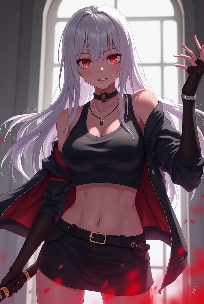 Anime girl wearing a sleeveless shirt the middle of her chest is visible and she is wearing gloves and she is wearing a short skirt, he works as an assassin and he is holding a sword, her face is angry with a smile and she is . He's not wearing a jacket. She is white skinned, long hair and she is very beautiful. His face was angry with a big smile he was NOT wearing a jacket