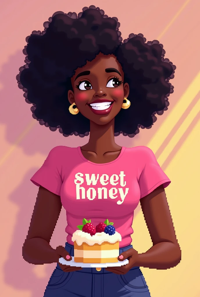 a black woman , dark skin curly hair with cake in hand standing, with a pink shirt saying sweet honey from Disney pixel
