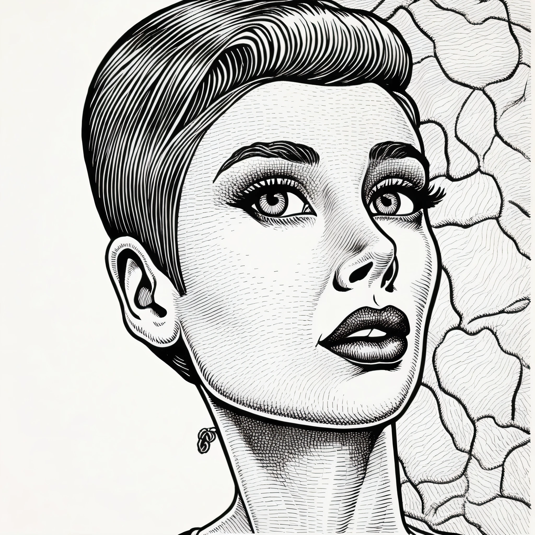 in basilwolverton style color line art
hand drawn illustration of a Audrey Hepburn (Actress)  in basilwolverton style, parody
with a Confused expression
with skin folds,veins,bags under eyes,warts
clean lines, bold outline, crisp features, extremely detailed, tiny details
simple background