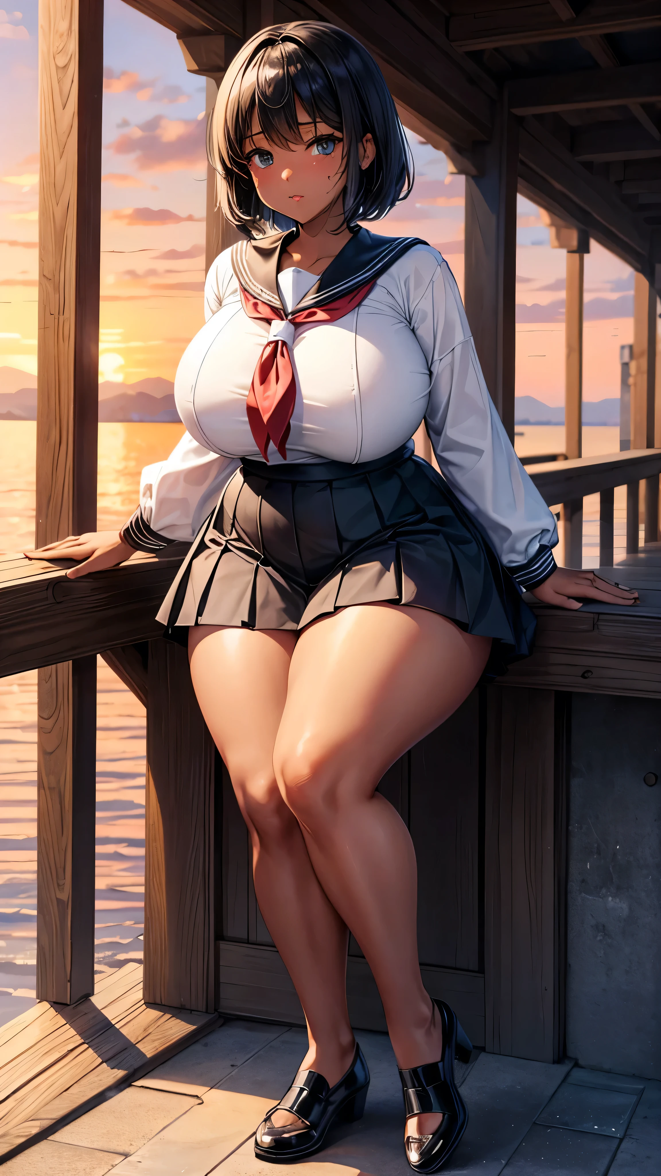 Highest quality、（Super plump body、plump and big breasts、Voluptuous body、Long legs:1.3）、Arms crossed、Spread your legs、Thick thighs、Black short hair、sunset、Sweaty、Dark Skin、Tall beauties、Sailor suit、skirt