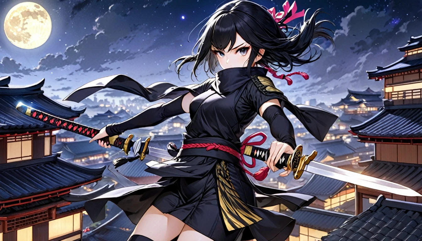 Featured Painting-Style Artworks, Highest quality, Super Fine, 16K, Incredibly absurd, Very detailed, delicate, Flashy and dynamic depiction, Female Ninja, With a short sword, Moonlit Night, Black Costume, Black Hair, (Background Rooftop Edo:1.3)