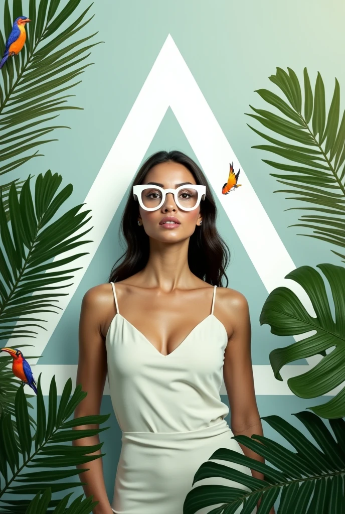 White triangle background with a woman&#39;s bust with white glasses behind the triangle, tropical leaves and some birds around 