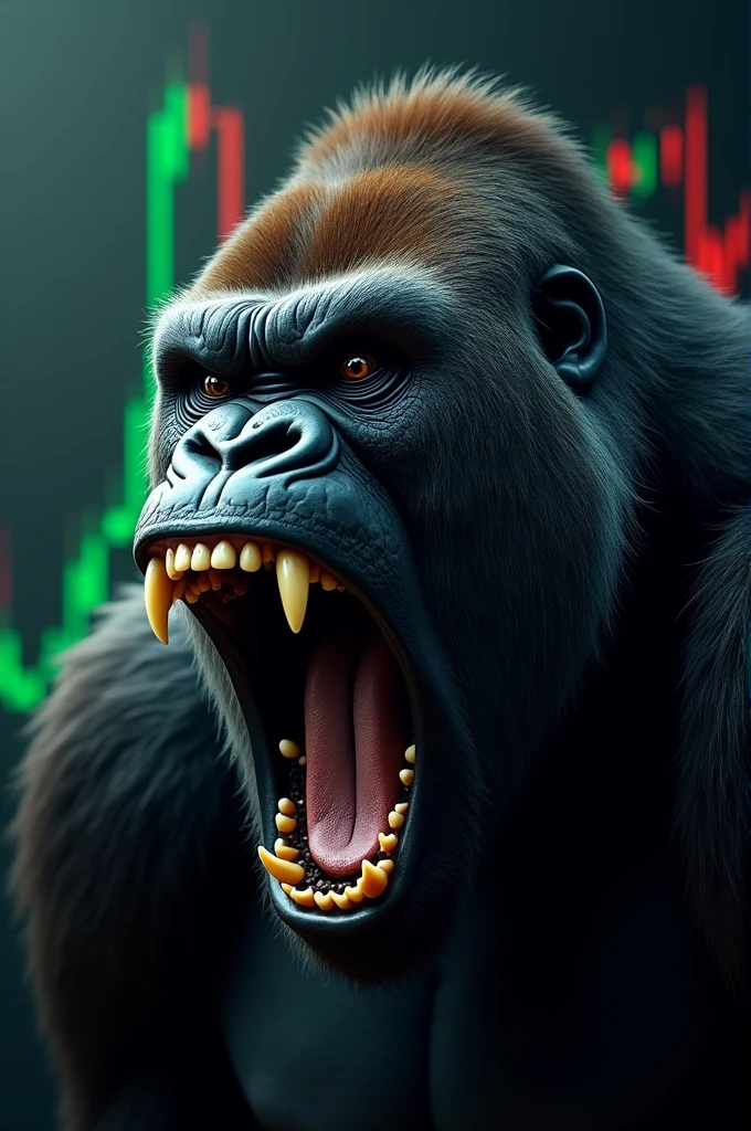 Angry gorilla's head with forex candlestick on background