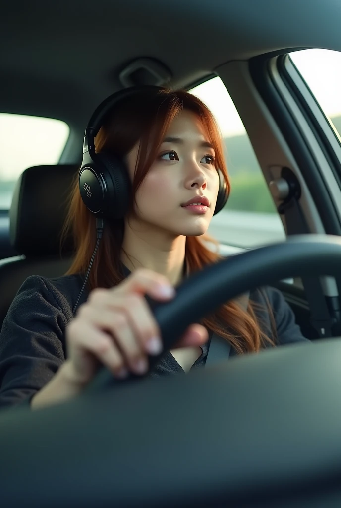 Driving and listening to music in a luxury car,beautiful girl,Japan,8k