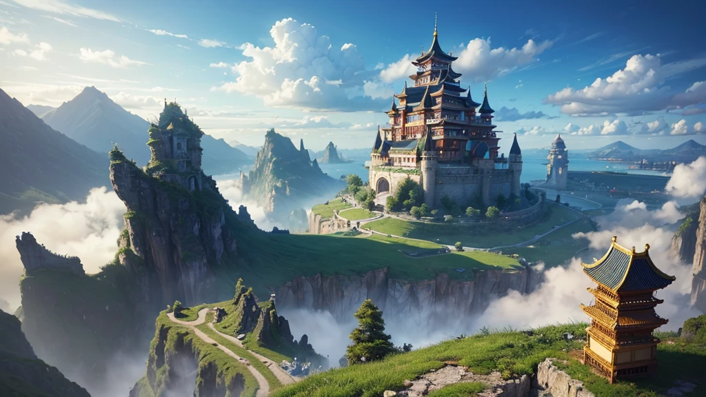 ((master piece)), best quality, (8k, best quality, masterpiece:1.2), ultra-detailed, illustration, eastern, big fantasy Flying city in the sky, many flying islands around, clouds around, eastern architecture, air swirl scarring around, Giant eastern castle in the center, daytime, giant tornado under the islands, crystal sea under