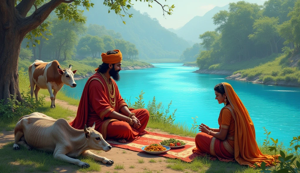  maratha empire chatrapaji  Raja shivaji Maharaj sit in fram near this blue colour river, farmer couple arrenge to meal for Maharaj also cow and it's beby sitting near .