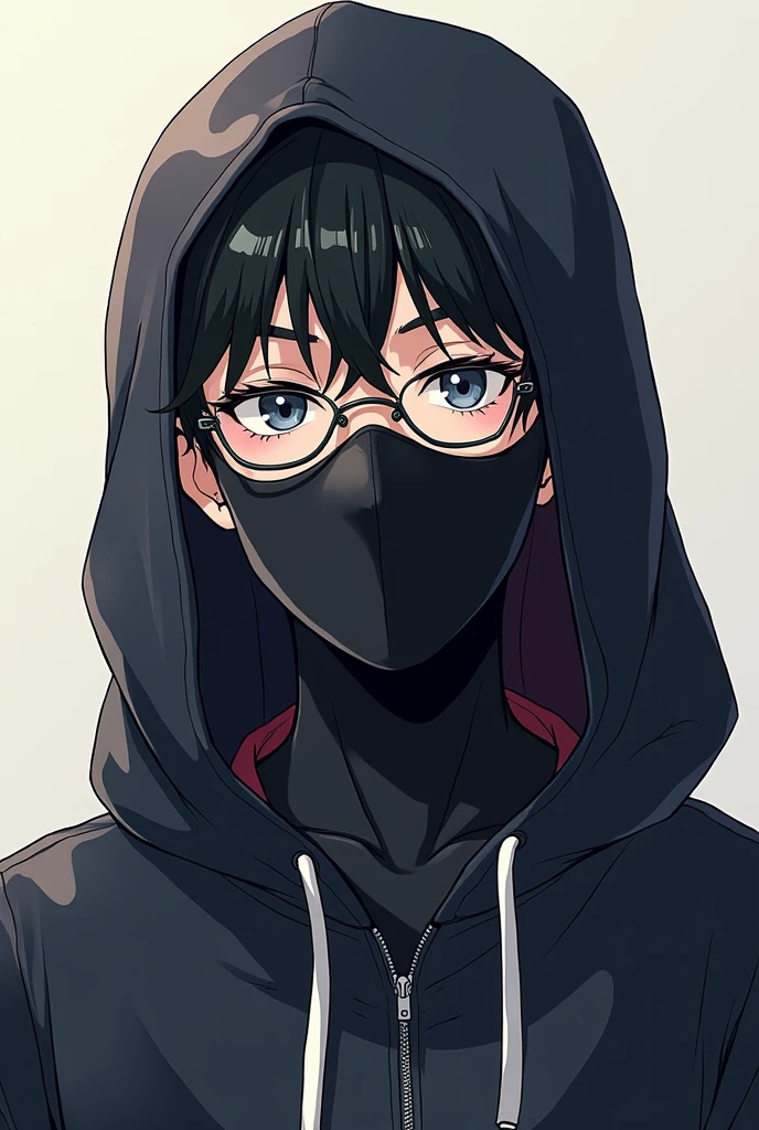 a men anime style character wear Mask, hoodie, specs side face simple men side face