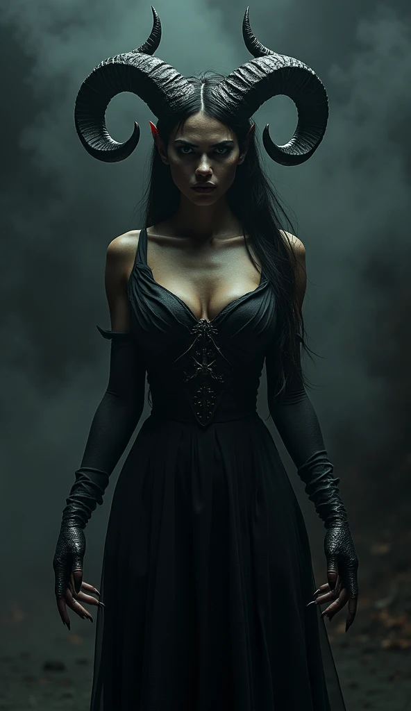 sensual demon, fury, 1 female demon, detailed facial features, piercing eyes, sharp fangs, horns, dark skin, black hair, flowing dress, clawed hands, dark smoky background, dramatic lighting, cinematic composition, dark fantasy, dramatic colors, moody atmosphere, photorealistic, 8k, highest quality, masterpiece