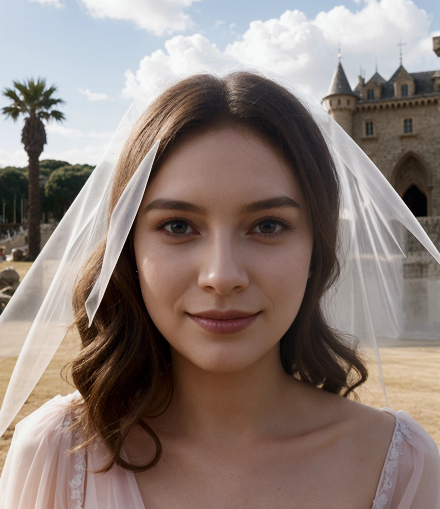 Concept: The woman is portrayed as a dreamlike figure who resides in a castle floating among the clouds. Her attire is a flowing, ethereal gown that moves like it’s made of mist, with a subtle crown that hints at her royal status.
Background: A surreal landscape of soft, fluffy clouds with a grand, fairy-tale castle in the background. The colors are pastel and soft, with hints of pink, lavender, and gold, creating a dreamy, serene atmosphere.
Props & Effects: A flowing, translucent veil that merges with the clouds, sparkling stars, or light beams breaking through the clouds. Perhaps a magical book or a set of keys that she holds, suggesting she is the keeper of this heavenly realm.