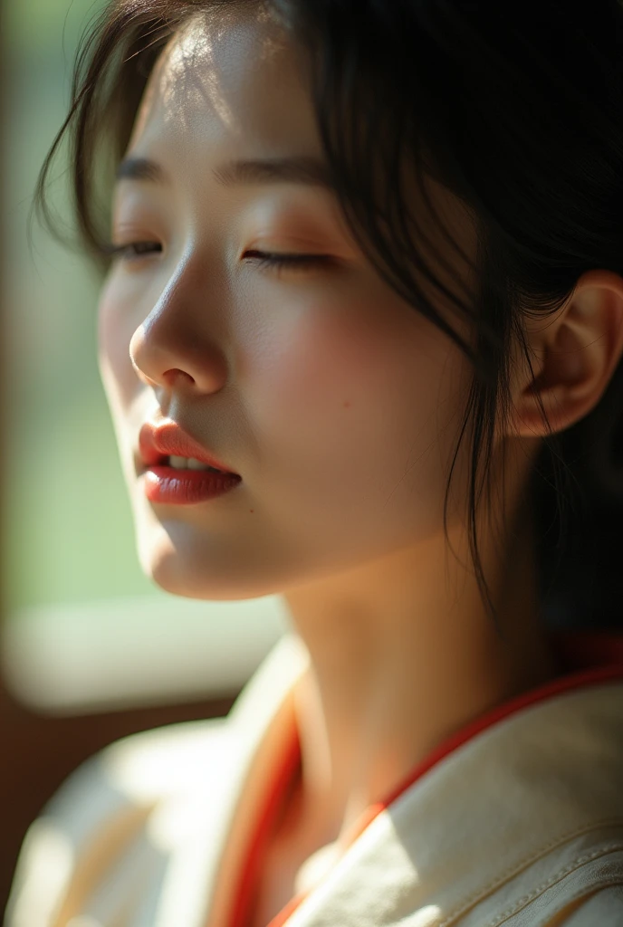 An elegantly dressed Japanese woman in natural light、A close-up of her chest and calm expression.、It shows her inner peace and outer charm.。