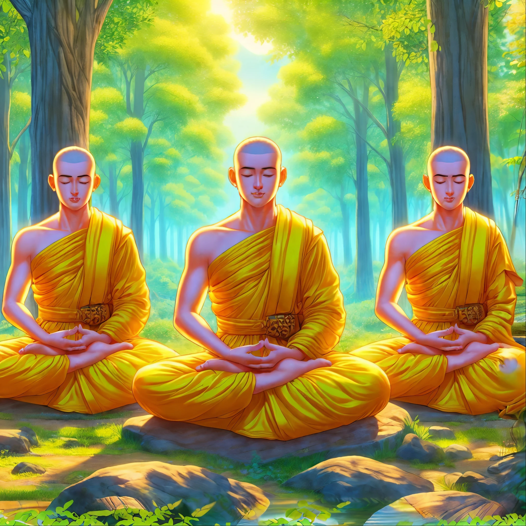 three monks sitting in meditation position in a forest, monk meditate, on path to enlightenment, hindu stages of meditation, buddhism, on the path to enlightenment, yellow robes, spiritual enlightenment, buddhist monk meditating, samsara, monks, buddhist, enlightenment, enlightened, monk clothes, meditating, zen meditation, praying meditating, meditation, concept art of a monk
